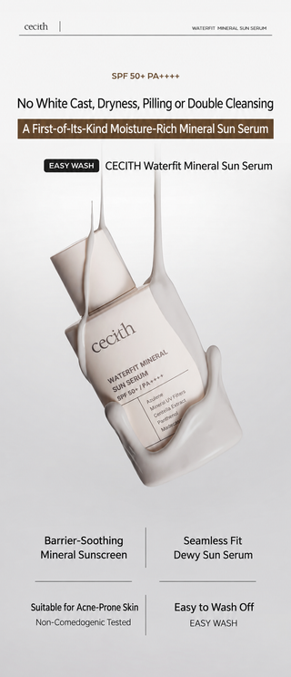 Cecith Waterfit Mineral Sun Serum bottle shown on a light gray background with promotional text above and below. The bottle is frosted white with a metallic silver cap and handle, and the brand name Cecith is visible on the label.
