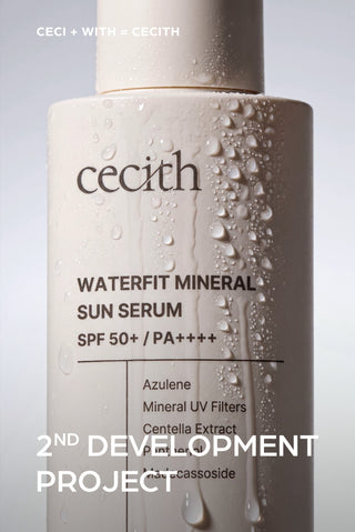 A close-up of a cylindrical skincare bottle labeled 'cecith WATERFIT MINERAL SUN SERUM SPF 50+ / PA++++' with water droplets running down the surface. The bottle is off-white/cream against a soft light gray background.