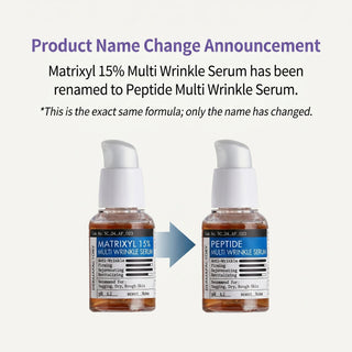 Two bottles of serum with labels indicating a product name change from 'Matrixyl 15% Multi Wrinkle Serum' to 'Peptide Multi Wrinkle Serum'.