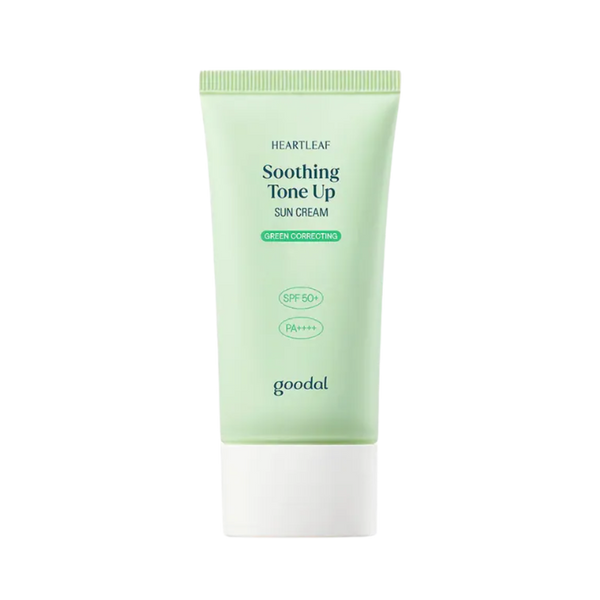 Goodal Heartleaf Soothing Tone Up Sun Cream in a light green squeeze tube with a white cap, shown on a solid white background.