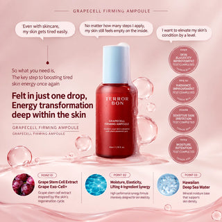 A promotional graphic for the TERROIR BON Grapecell Firming Ampoule. The product is a red glass bottle with a light blue cap, set against a soft pink background with water droplets and text detailing its ingredients and benefits.