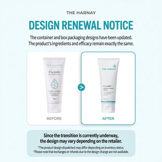 A digital graphic from The Harnay announcing a design renewal notice for their Cicaide soothing cream. It shows a 'Before' and 'After' comparison of the product packaging, illustrating a transition to a cleaner, modern white tube design with a teal leaf logo.