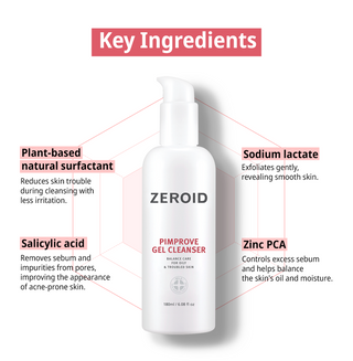Zeroid skincare gel cleanser with key ingredients highlighted on a white background